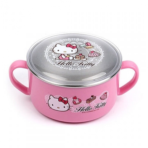 韓國製Hello Kitty兒童雙耳不銹鋼碗(粉)-附蓋 
