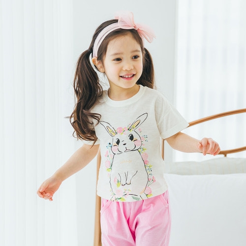 【超值特價】韓國製短袖純棉家居服/外出服(上衣+寬鬆版褲子)-花朵兔子